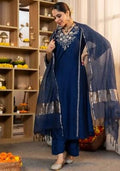 Petrol Embroidered Silk Blend Straight Kurta Set