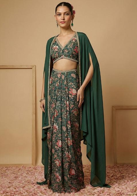 Deep Green Silk Fusion Set with Floral Print for Diwali | Wedding & Festive Wear