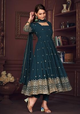 Turquoise Embroidered Georgette Anarkali Set