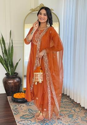 Orange Embroidered Vichitra A Line Kurta Set