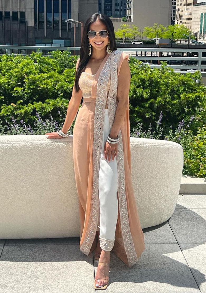 Peach Sequins Georgette Saree Set for Diwali and Festive Wear