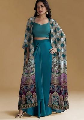 Teal Blue Figure Print Crepe Fusion Set