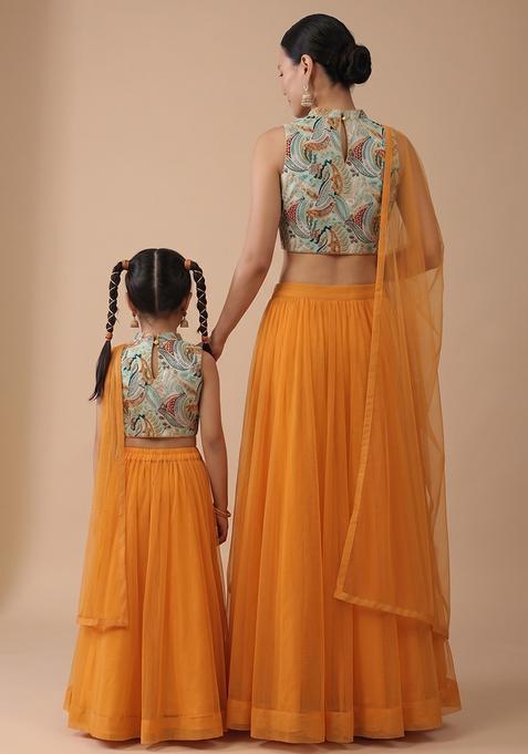 Dreamy Burnt Orange Crepe Mother Daughter Lehenga Set | Twin In Royal Style