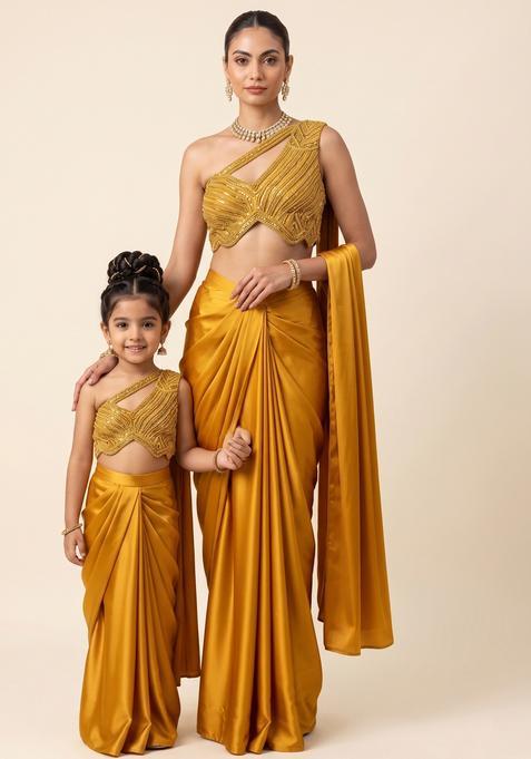 Timeless Bright Yellow Hand Work Embellished Satin Mother Daughter Pre-Draped Saree Set | Drape, Dazzle, Twin
