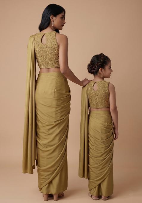 Timeless Golden Yellow Hand Work Sequin Mother Daughter Pre-Draped Saree Set | Drape, Dazzle, Twin