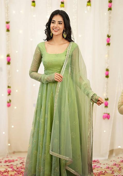Light Green Embroidered Organza Anarkali Set