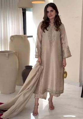 Brown Embroidered Georgette A-Line Kurta Set
