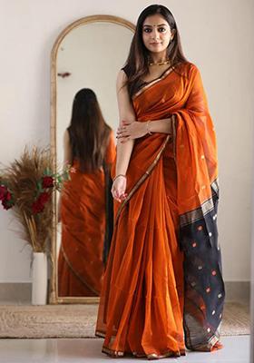 Orange Linen Saree Set with Printed for Diwali | Wedding & Festive Wear