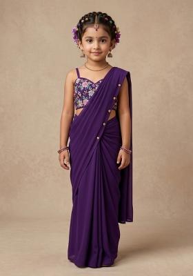 Timeless Purple Embroidery Blouse Crepe Mother Daughter Pre-Draped Saree Set | Drape, Dazzle, Twin