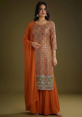 Orange Embroidered Crepe Sharara Set