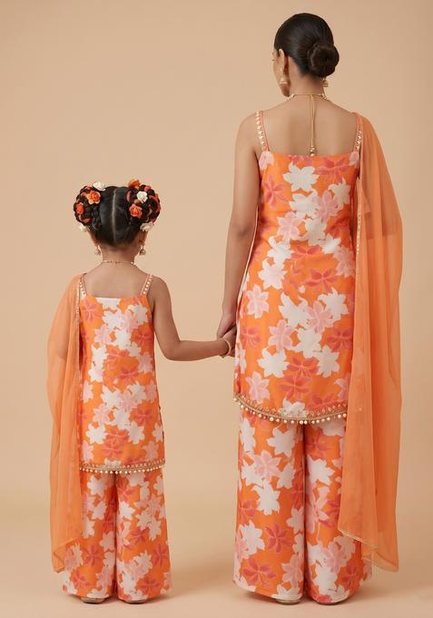 Effortless Orange Floral Print Silk Mother Daughter Kurta Set | Twin In Style