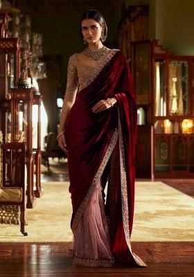 Maroon Work Velvet Saree Set with Sequin for Diwali | Wedding & Festive Wear