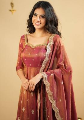Orange Embroidered Silk Blend Anarkali Set
