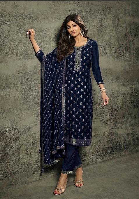 Blue Jacquard Jacquard Straight Kurta Set