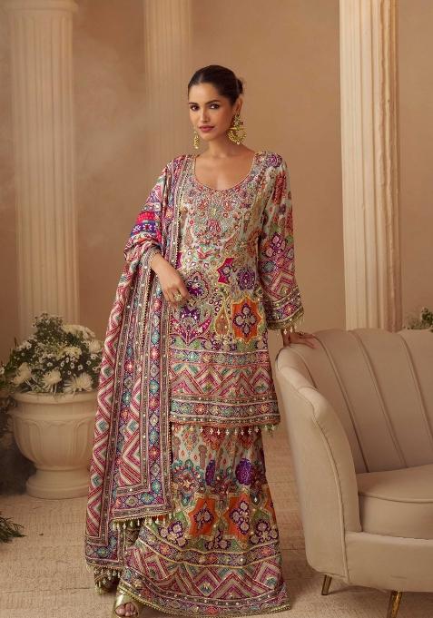 Multi Color Embroidered Creap Silk Blend Salwar Kameez