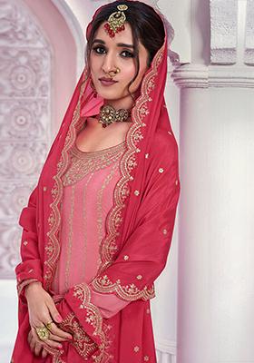 Peach Embroidered Chinon Sharara Set