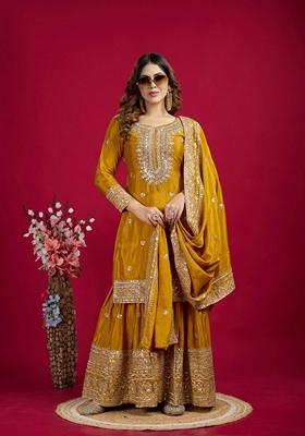 Mustard Yellow Embroidered Chanderi Sharara Set