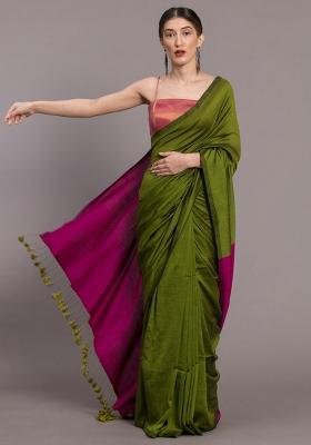 Green Weaving Khadi Cotton Saree Set for Diwali and Festive Wear