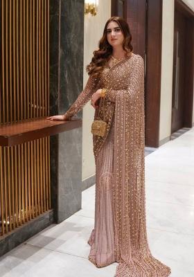 Light Pink Motif Net Saree Set for Diwali | Wedding & Festive Wear