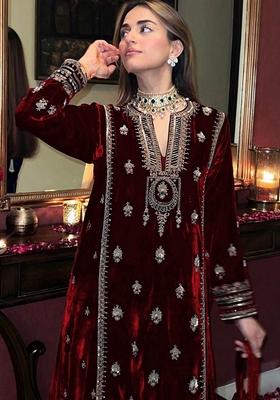 Maroon Embroidered Velvet Pakistani Suit Set
