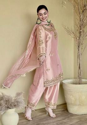 Pink Embroidered Silk Blend Punjabi Suit