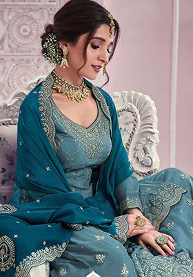 Teal Embroidered Chinon Sharara Set