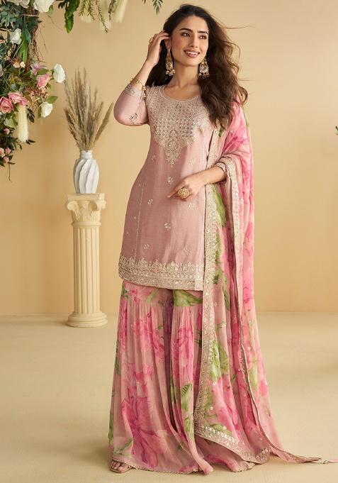 Pink Embroidered Chinon Sharara Set