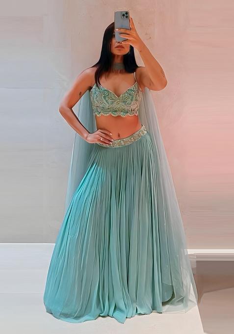 Turquoise Embroidery Georgette Lehenga Set for Diwali and Festive Wear