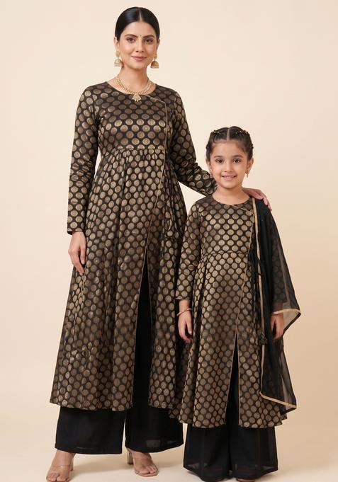 Graceful Black Brocade Mother Daughter Anarkali Set | Twin In Grace