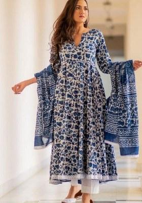 Indigo Printed Cotton Anarkali Set