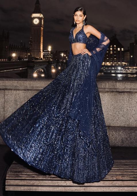 Blue Embellished Net Lehenga Set for Diwali and Festive Wear