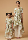 Pretty Ivory Printed Crepe Mother Daughter Kurta Set | Twin In Style