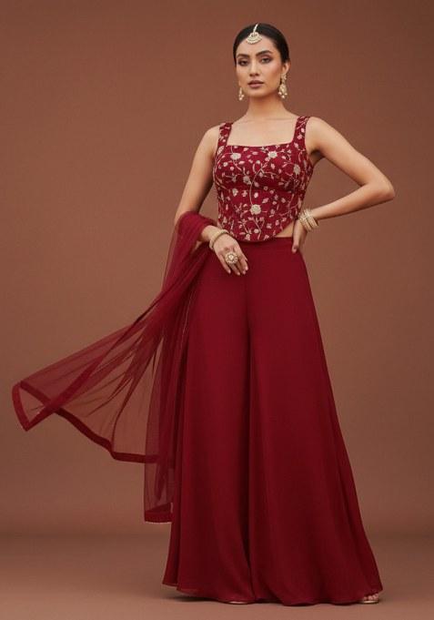 Red Silk Fusion Set with Embroidered & Corset Blouse for Diwali | Wedding & Festive Wear