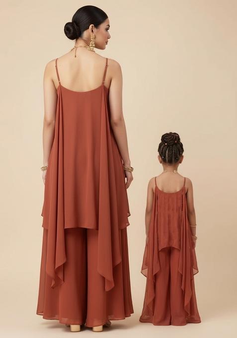 Pretty Brown Chinon Handwork Mother Daughter Fusion Set | Twin In Charm