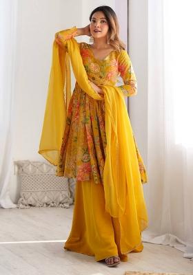 Yellow Floral Print Chanderi Sharara Set