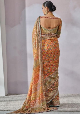 Light Yellow Silk Blend Saree Set with Printed for Diwali | Wedding & Festive Wear