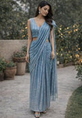 Blue Sequins Embroidery Net Pre Draped Saree Set for Diwali and Festive Wear