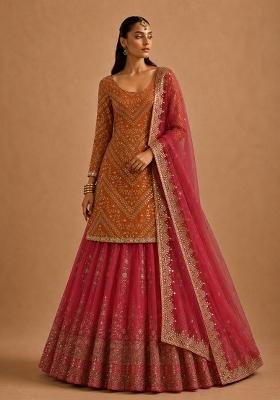 Orange With Dupatta Georgette Lehenga Set with Embroidery for Diwali | Wedding & Festive Wear