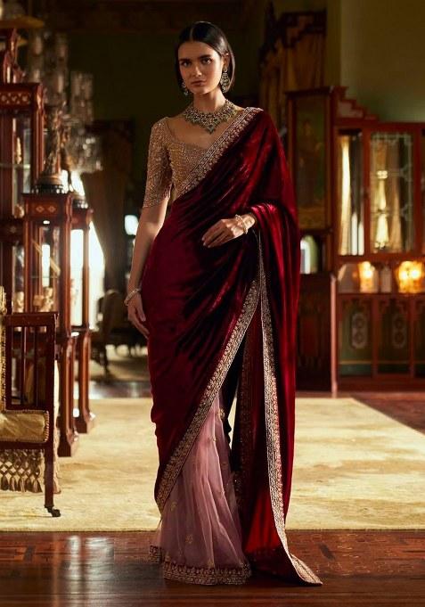 Maroon Work Velvet Saree Set with Sequin for Diwali | Wedding & Festive Wear
