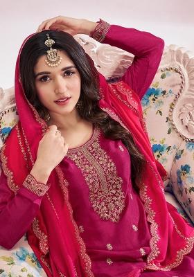 Pink Embroidered Silk Blend Sharara Set