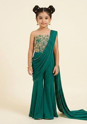 Enchanting Teal Green Hand Work Chinon Mother Daughter Lehenga Set | Twin In Royal Style