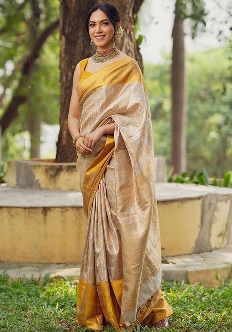 Cream Machine Lichi Silk Blend Saree Set with Embroidered for Diwali | Wedding & Festive Wear