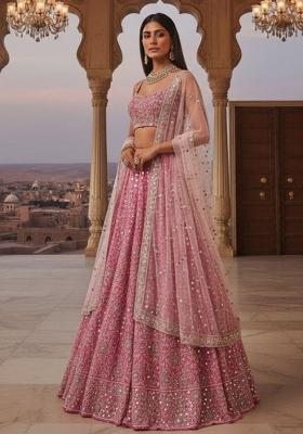 Pink Silk Blend Lehenga Set with Embroidered for Diwali | Wedding & Festive Wear