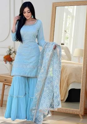 Sky Blue Embroidered Georgette Sharara Set