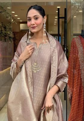Brown Embroidery Tissue Kurta Set