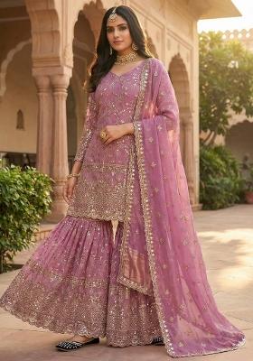 Pink Embroidered Silk Sharara Set