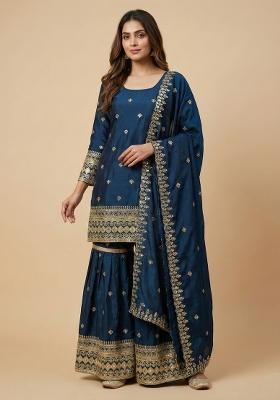 Teal Embroidered Chinon Sharara Set