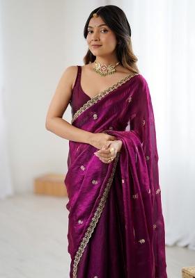 Magenta Embellished Satin Saree Set for Diwali and Festive Wear