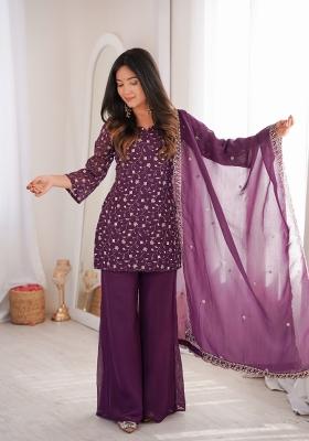 Wine Zari Work Silk Sharara Suit
