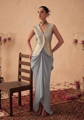 Slate Grey Brocade Fusion Set for Diwali and Festive Wear